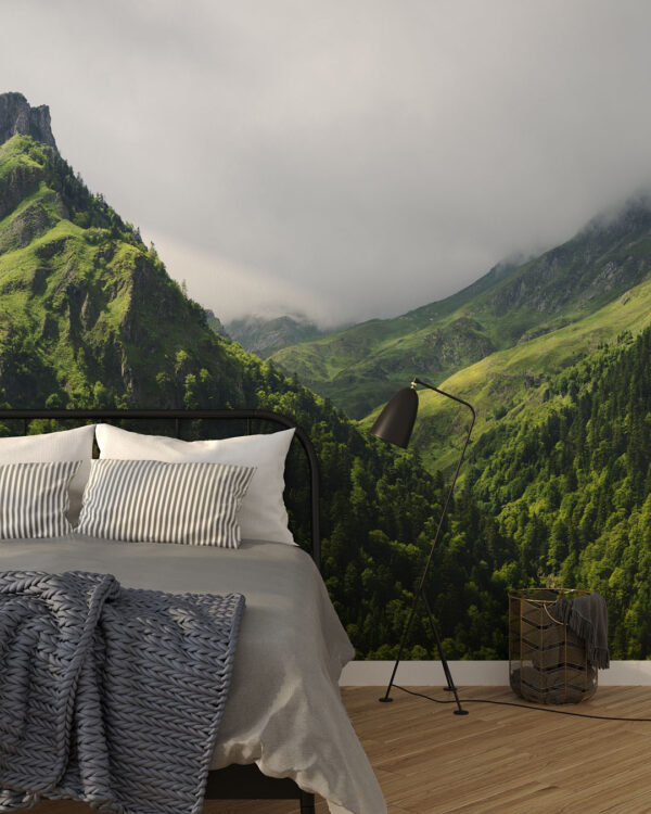 Фотошпалери зелений ліс на схилах гір під сірими хмарами у спальній кімнаті