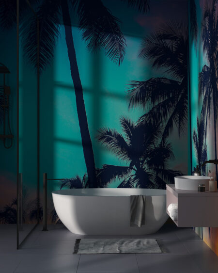 Фотообои пальмы на фоне красочного заката в ванной
