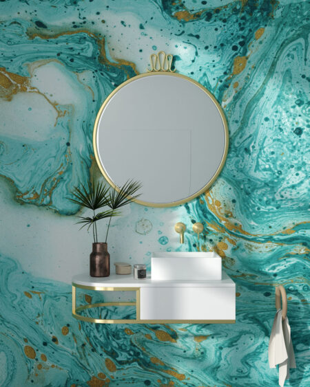 Сучасні фотошпалери з текстурою розводів фарби у бірюзових відтінках із золотими вкрапленнями у ванній кімнаті