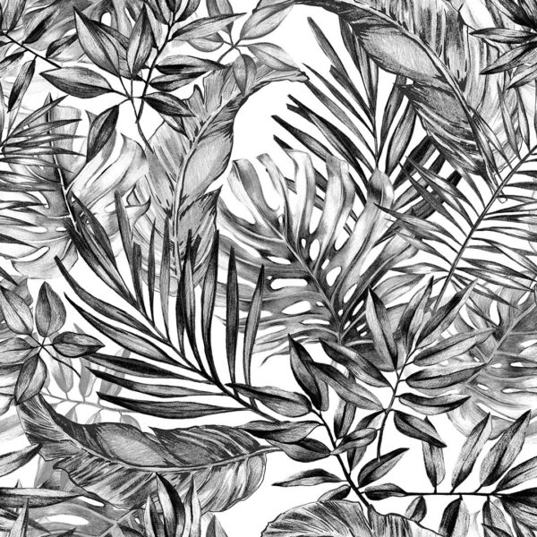 Обои тропические листья пальмы черно-белый паттерн