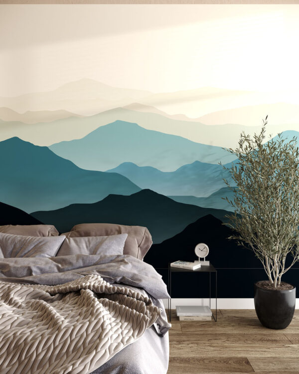 Фотошпалери гори у графічному стилі в чорних та синіх кольорах у спальні