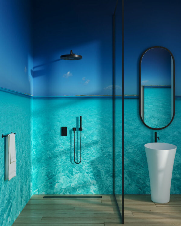 Фотообои чистое море в ярко-голубом цвете в ванной