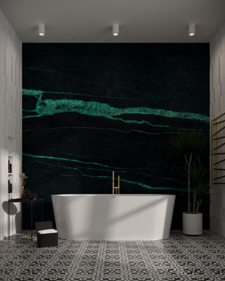 Фотообои мрамор текстура темно-зеленого цвета с бирюзовыми прожилками в ванной комнате
