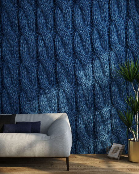 Фотообои 3д текстура вязаной ткани синего цвета в гостиной