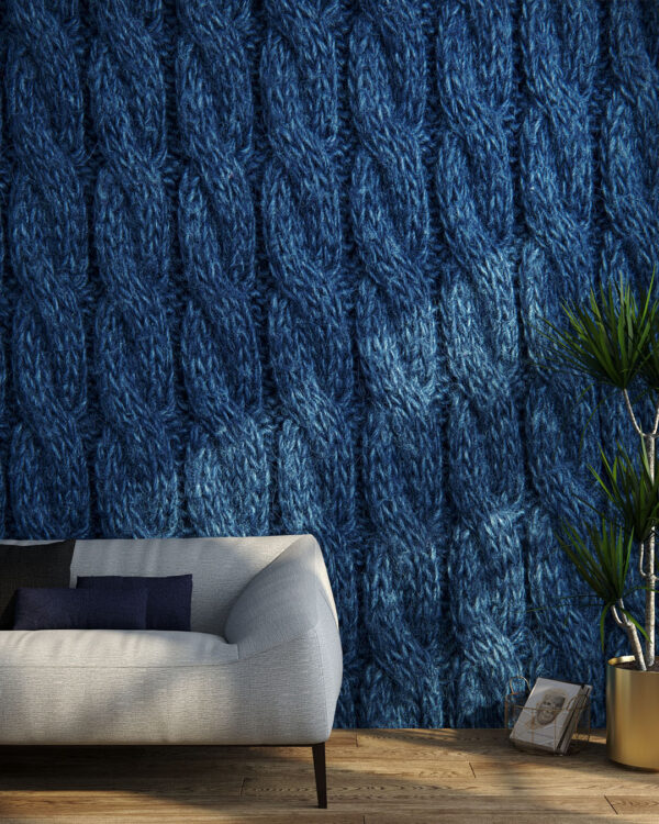 Фотообои 3д текстура вязаной ткани синего цвета в гостиной