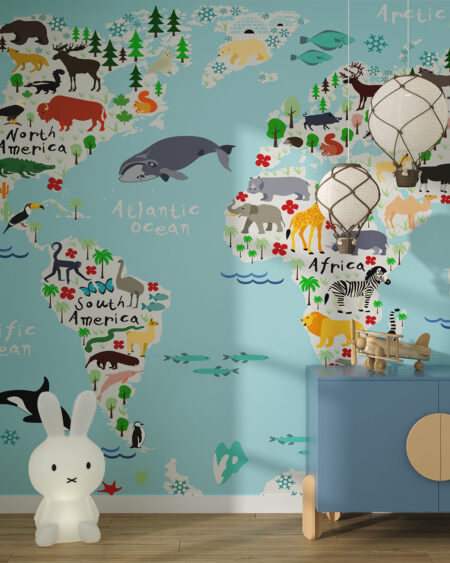 Дитячі фотошпалери карта світу з різними тематичними тваринами, птахами та морськими жителями у дитячій кімнаті