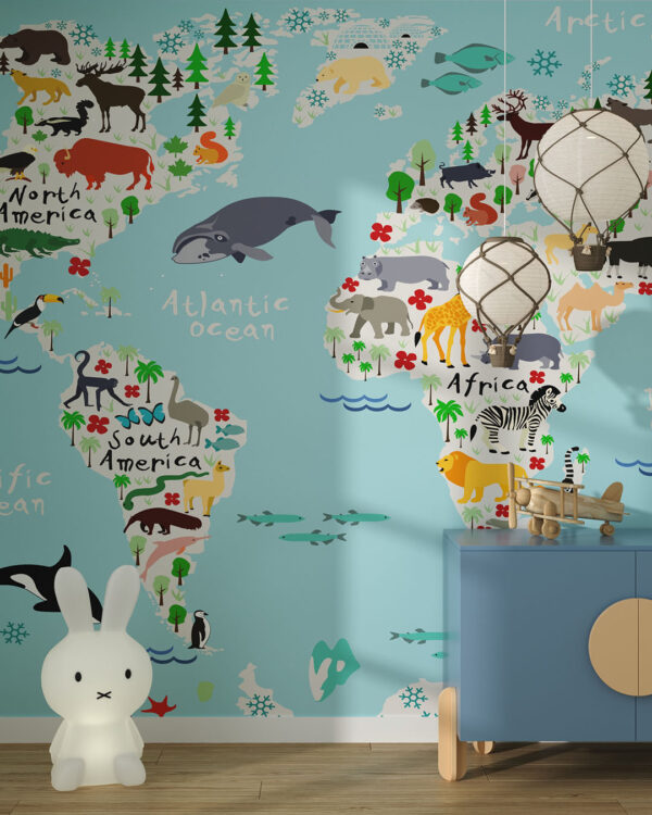 Дитячі фотошпалери карта світу з різними тематичними тваринами, птахами та морськими жителями у дитячій кімнаті