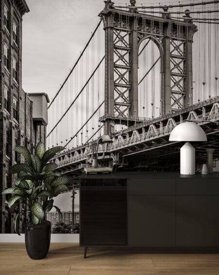 Фотообои Бруклинский мост вид с улицы в черно-белом цвете в коридоре