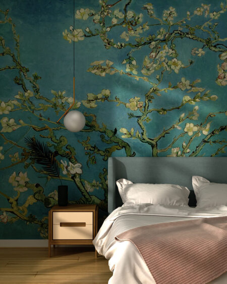 Фотообои картина "Цветущий миндаль" Винсента Ван Гога в спальне