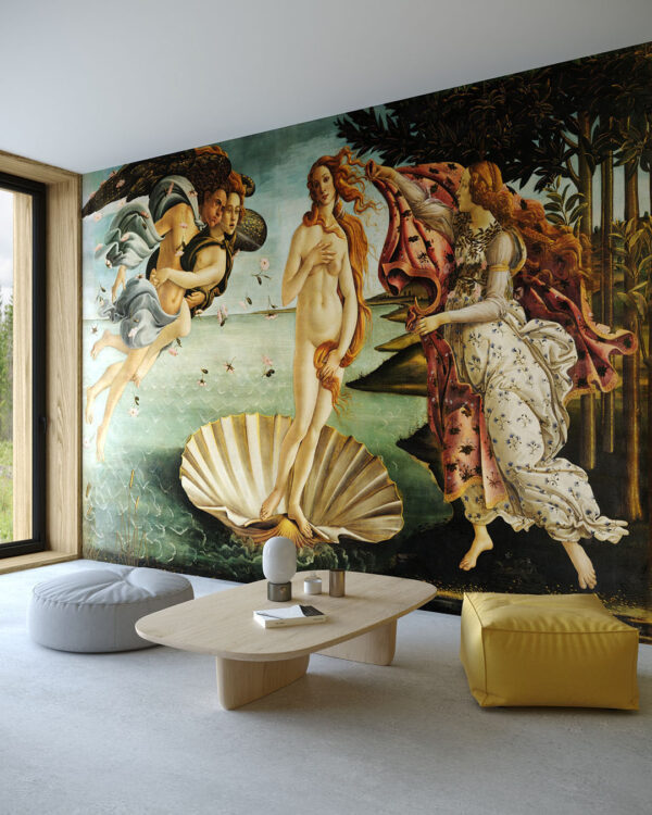 Фотошпалери картина Боттічеллі “Народження Венери” у вітальні
