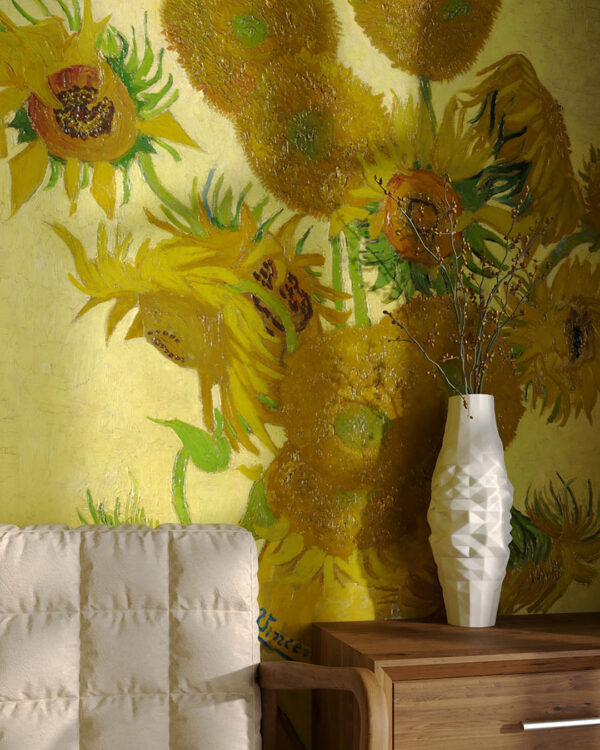 Фотошпалери натюрморт “Соняшники” Вінсента Ван Гога з зображенням соняшників у вазі на жовтому тлі у вітальні