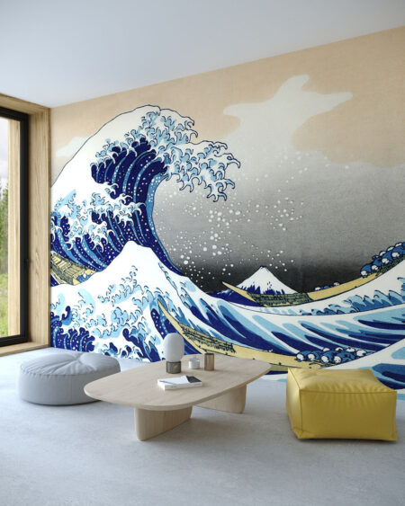 Обои в японском стиле с изображением волн и лодок в гостиной
