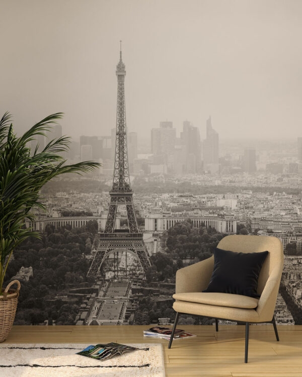Фотообои Эйфелева башня на фоне городского пейзажа Парижа в гостиной
