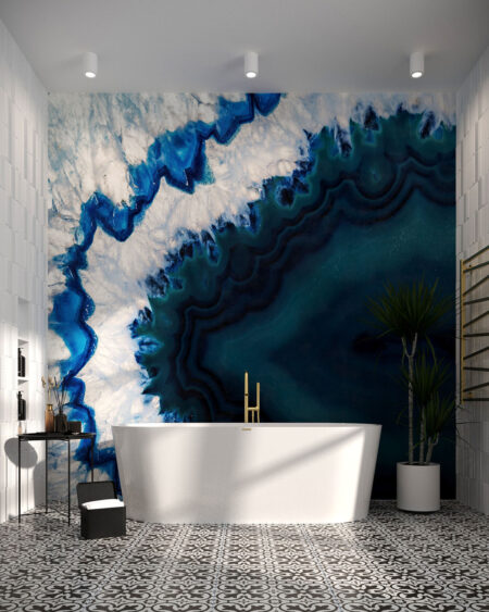 Фотошпалери текстура агат у розрізі синього та білого кольору у ванній кімнаті