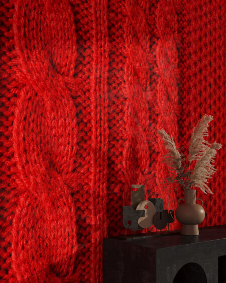 Фотообои 3д текстура вязаной ткани красного цвета в гостиной
