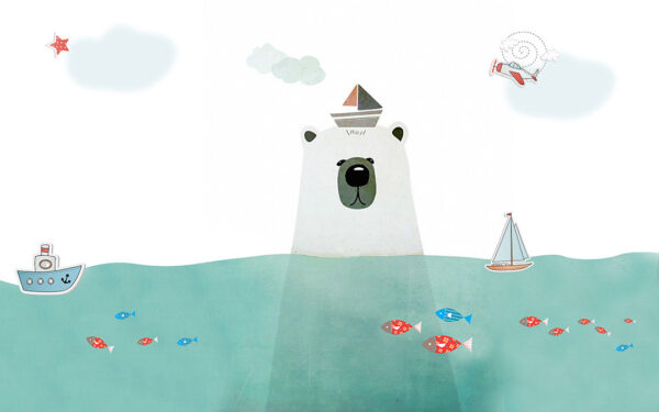 Детские обои с большим белым медведем в море с иллюстрациями
