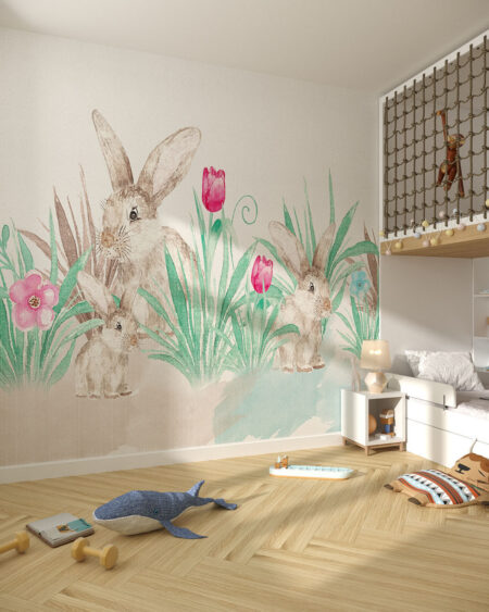 Фотошпалери для дитячої кімнати з пастельними кролями та тюльпанами