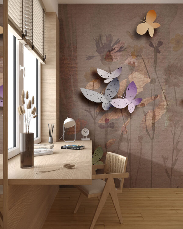 Фотообои бабочки в стиле аппликаций на декоративном фоне в детской