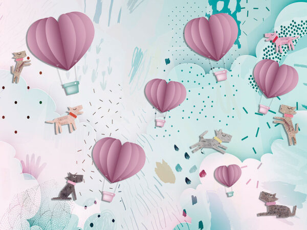 Детские обои воздушные шары в форме сердечек с летающими собачками на небесном фоне в стиле аппликации
