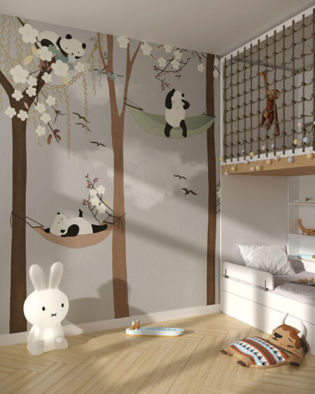 Шпалери панди для дітей на деревах з квітучими гілками у стилі графіки у дитячій кімнаті