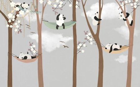 Шпалери панди для дітей на деревах з квітучими гілками у стилі графіки