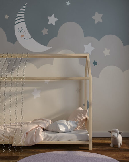 Фотошпалери місяць з зірками та хмарами в стилі графіки у дитячій кімнаті