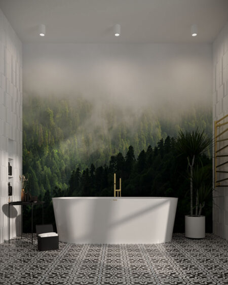 Фотошпалери для ванної з насичено-зеленим лісом в тумані