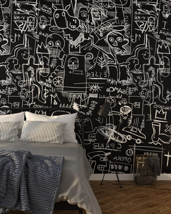 Фотообои граффити в стиле Баския паттерн белого цвета на черном фоне в спальне