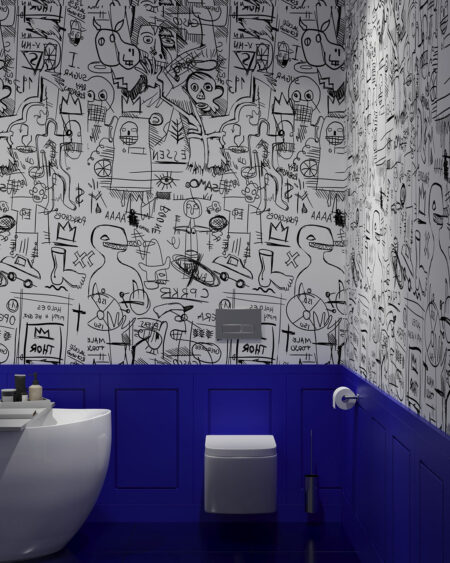 Фотообои граффити в стиле Баския черного цвета на белом фоне в ванной комнате