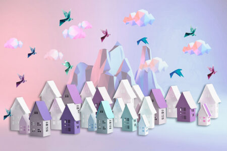 Детские 3д обои домики с горами и птицами-оригами на градиентном фоне