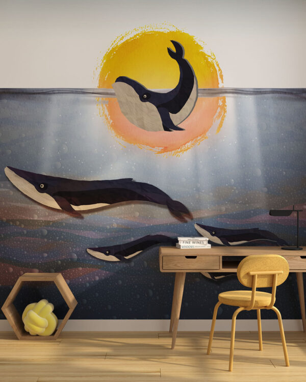 Фотообои киты под водой в графическом стиле в детской комнате
