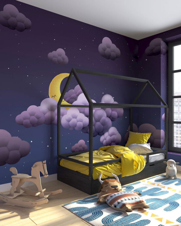Фотошпалери в дитячу кімнату з об'ємними хмарами та жовтим молодим місяцем