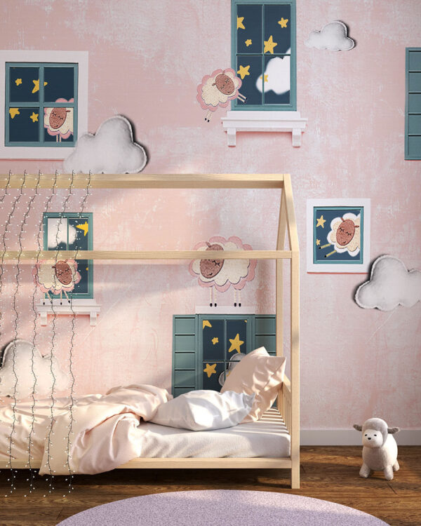Обои овцы и окна на розовом фоне с тучками в графическом стиле в детской