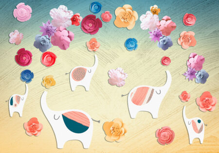 Фотообои цветы со слонами в виде аппликаций