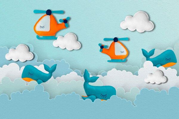 Детские обои с китами и вертолетами в стиле аппликация