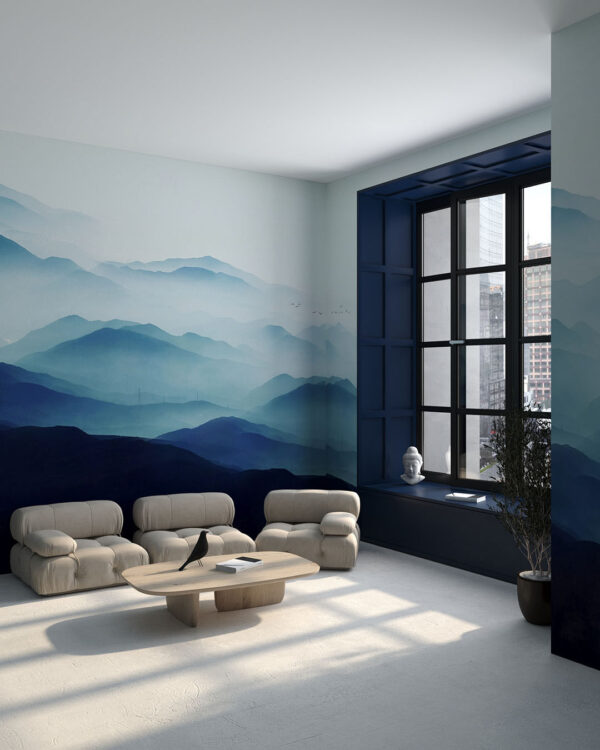 Фотообои горы в тумане минимализм в синих тонах в гостиной