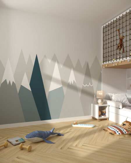 Шпалери гори у вигляді геомтеричних трикутників на сірому тлі у дитячій кімнаті