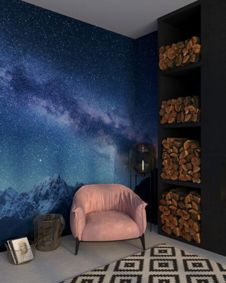 Фотообои Млечный Путь в синем звёздном небе над пейзажем гор в спальне