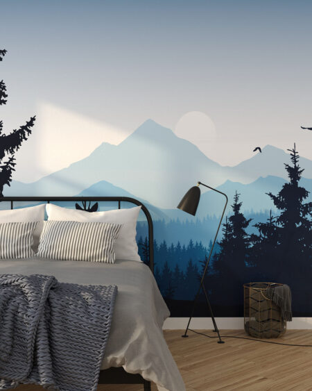 Фотошпалери у спальню з синім пейзажем та оленем