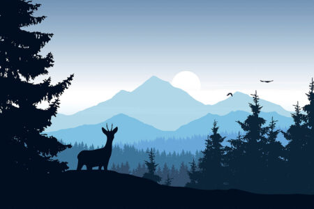 Фотошпалери з синім гірським пейзажем та оленем