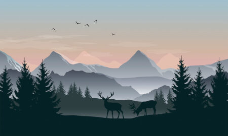 Дизайнерские обои олени в лесу на фоне гор в пастельных тонах
