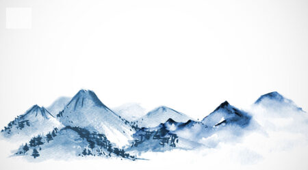 Обои акварельные горы в синих оттенках на белом фоне