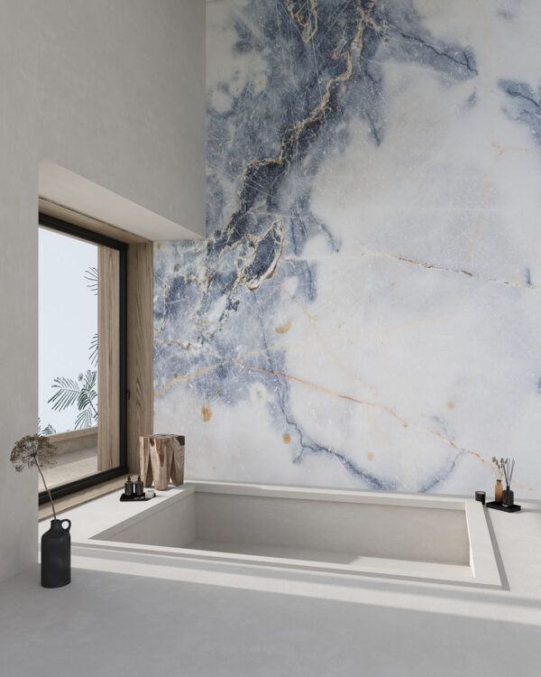 Фотообои мрамор текстура в серо-белых тонах с золотом в ванной комнате