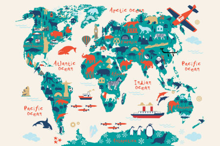Дитячі фотошпалери карта світу з мінімалістичними малюнками, які характерні для певної місцевості на карті