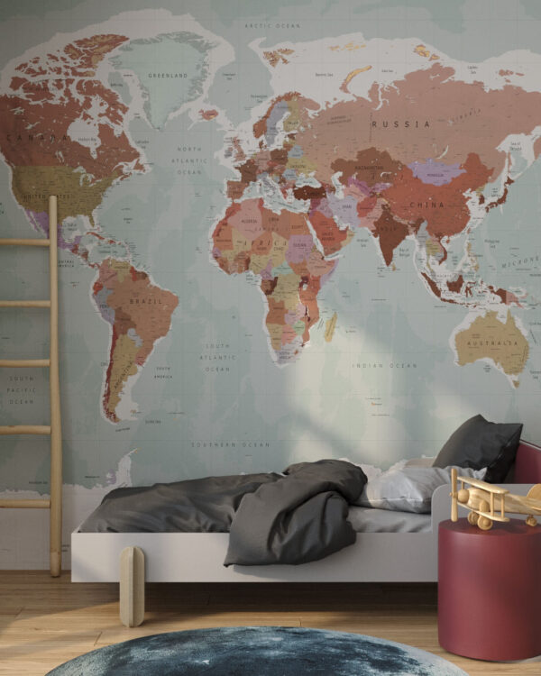 Фотошпалери дизайнерська карта світу у пастельних кольорах в дитячій кімнаті