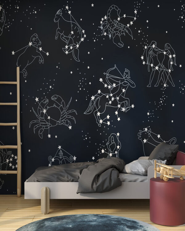 Дизайнерські фотошпалери зоряне небо із знаками зодіаків у дитячій кімнаті