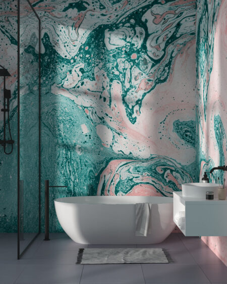 Сучасні фотошпалери з текстурою розводів фарби в бірюзових та рожевих кольорах у ванну кімнату
