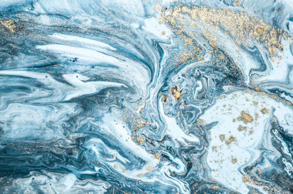 Сучасні фотошпалери з текстурою розводів фарби у блакитно-синіх відтінках із золотими вкрапленнями