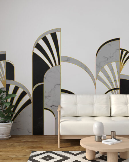 Обои геометрические черно-белые арки с текстурой под мрамор в зале