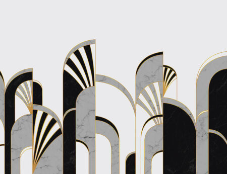Обои геометрические черно-белые арки с текстурой под мрамор в стиле арт-деко